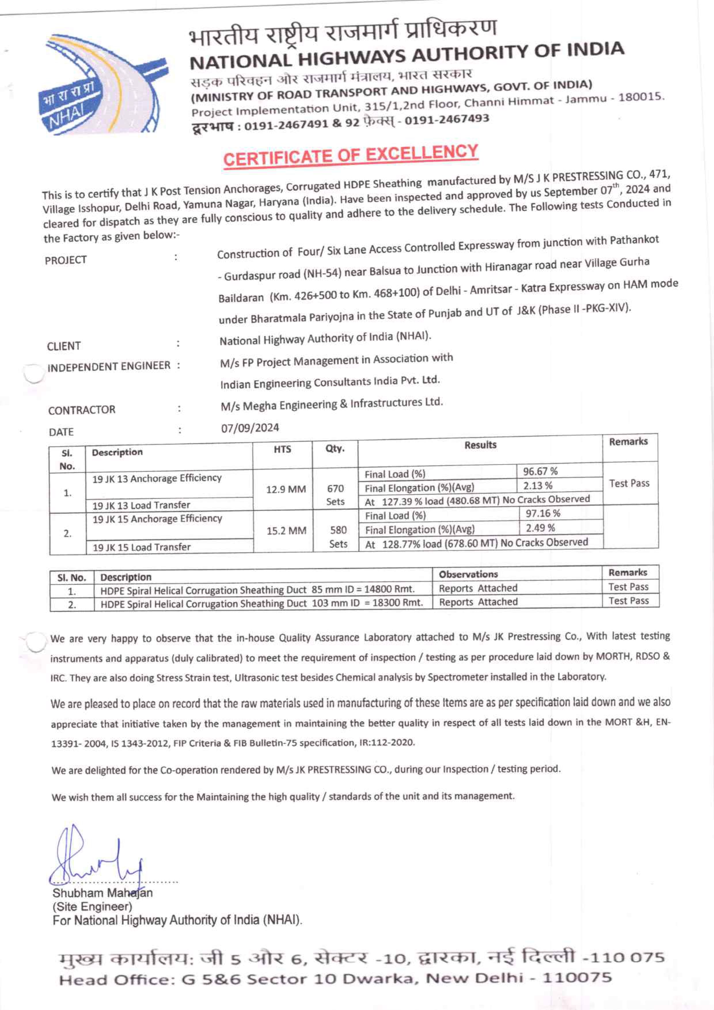 NHAI Certificate